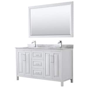 Daria 60 in. Double Bathroom Vanity in White with Marble Vanity Top in Carrara White and 58 in. Mirror