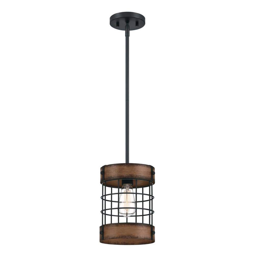Langston Matte Black and Barnwood Cage Pendant Light