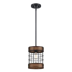 Langston 1-Light Matte Black with Barnwood Accents Pendant and Cage Shade