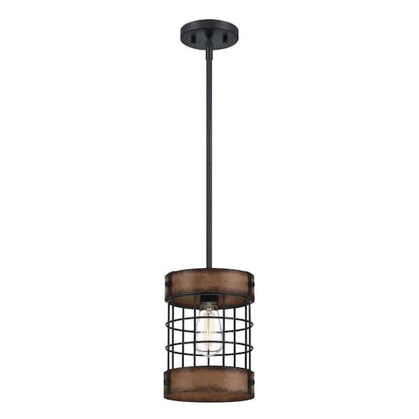 Westinghouse Langston 1-Light Matte Black with Barnwood Accents Pendant and Cage Shade