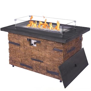 43 in. Brown Propane Stone Fire Pit Table 50000 BTU Firepit Table for Outside with Glass Wind Guard Lid Fire Glass Beads