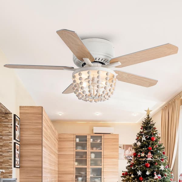 48 in. Indoor Farmhouse White Flush Mount Wood Bead Ceiling Fan with Light Kits and Remote