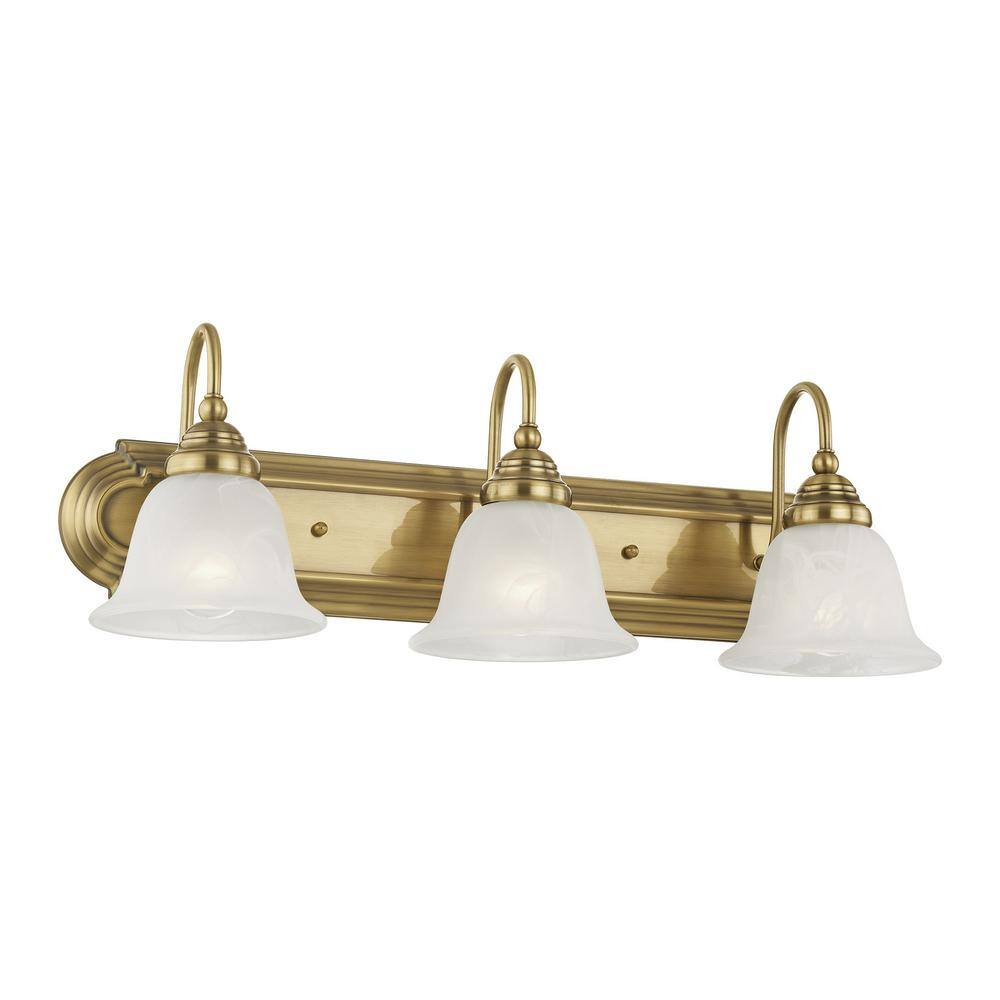 Belmont Antique Brass 3-Light Vanity with White Alabaster Glass