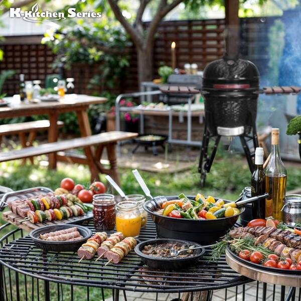 Kalamera 18 in. Kamado Ceramic Charcoal Grill in Black with Cart