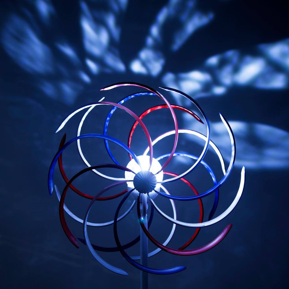 68" Tall Red, White, and Blue Iron Wind Spinner with Solar LED Light