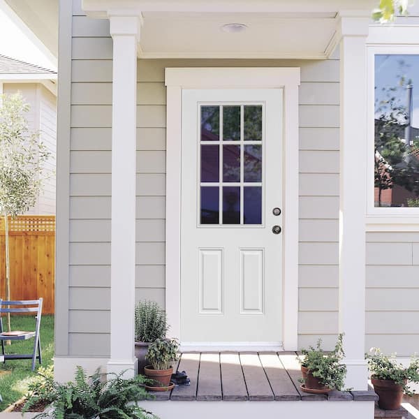 30 in. x 80 in. Left-Hand Inswing 9-Lite Clear Classic External Grilles Primed Fiberglass Smooth Prehung Front Door