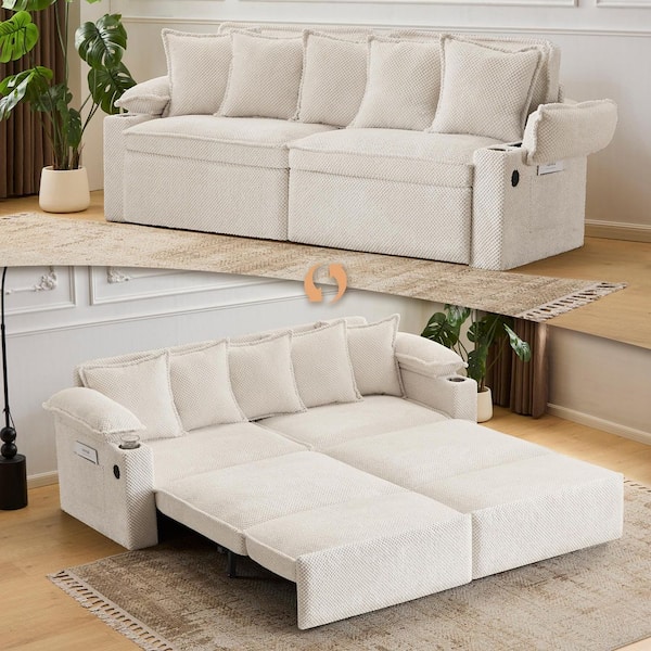 Sophia 3-in-1 Convertible 82.7 in. White Chenille Upholstered King Sofa Bed with Pillows, USB Charging Port, Storage