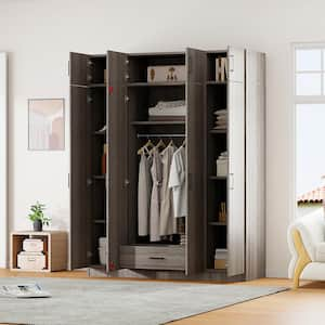 Gray 59.2 in. 4-Door Wooden Wardrobe Armoire with Shelves, 1-Drawer, 1 Hanging Rod, Top Cabinet