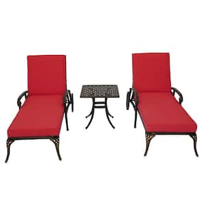 Antique Bronze 3-Piece Cast Aluminum Outdoor Lounge Chair Set with Red Cushion and Table