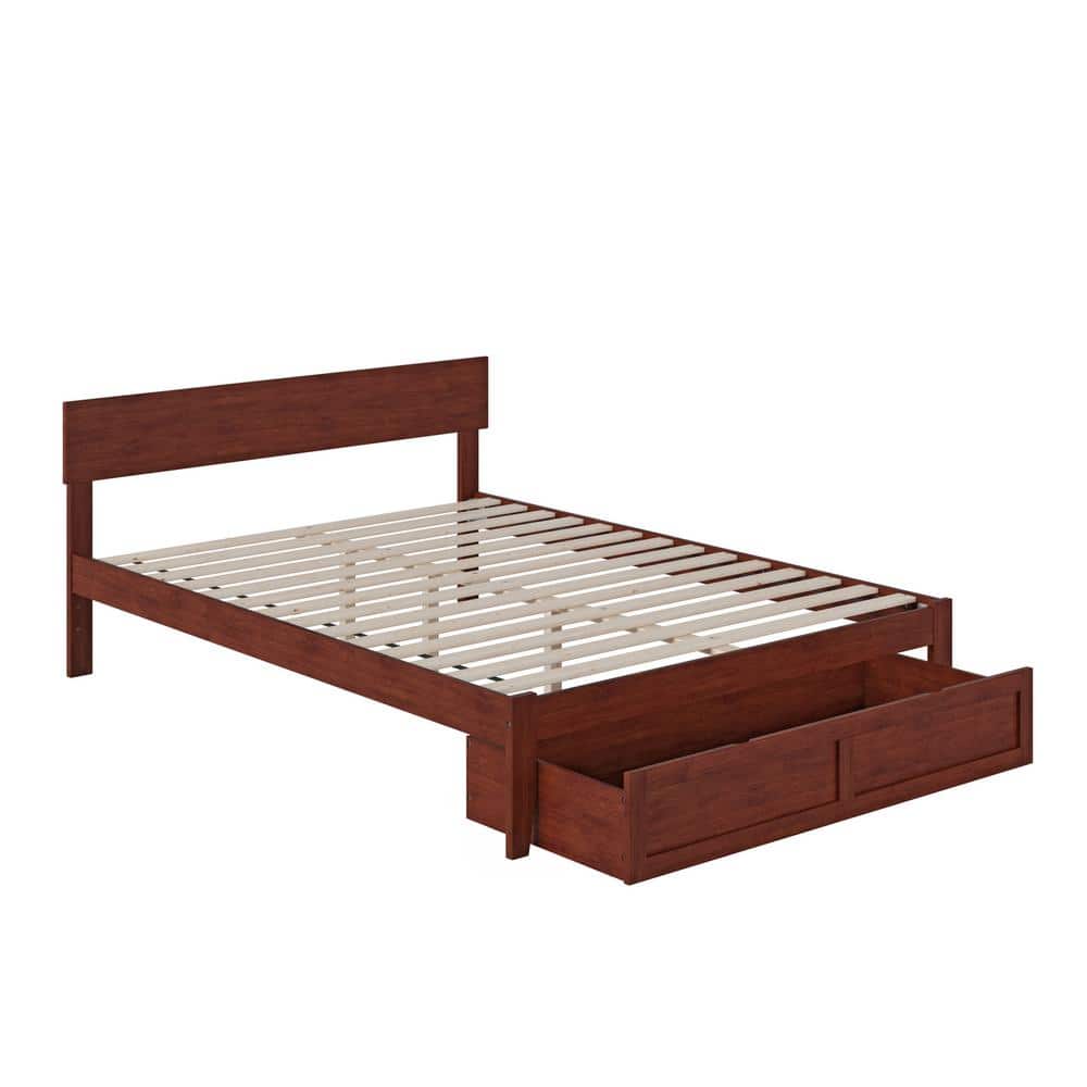 Walnut Queen Bed with Upholstered Headboard and Storage Drawer