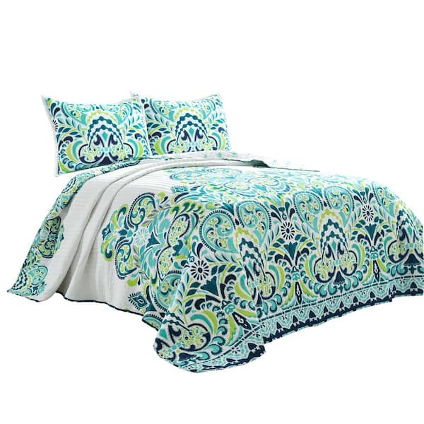 100% Polyester Micro 3PC Aqua Green Bed Quilt Coverlet Bedspread Set-2 Sizes 