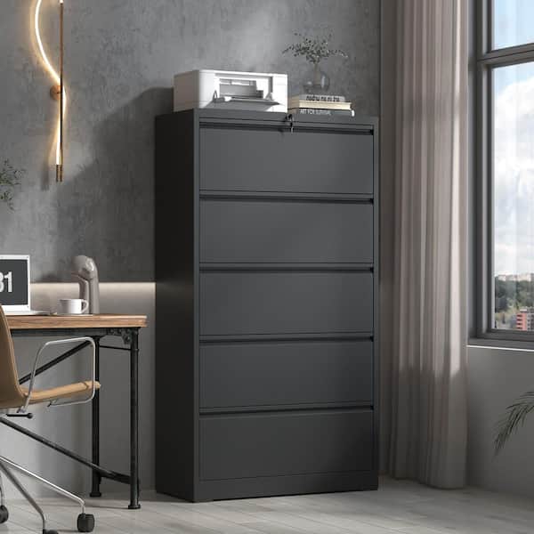 5-Drawer Black Metal 35.43 in. W Vertical File Cabinet with Lock and 2 Keys
