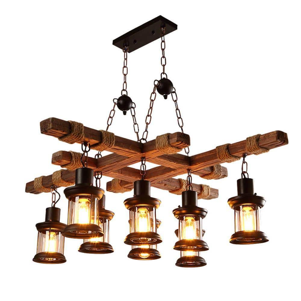 OUKANING 39 in. 8-Light Vintage Industrial Brown Wooden Farmhouse