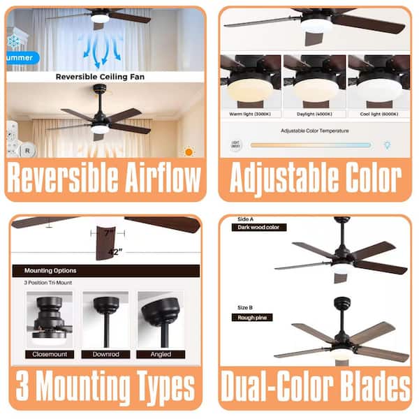 Low Profile 42 in. Ceiling Fan 5 Blades Noiseless Reversible Dc Motor Remote Control With Led Light