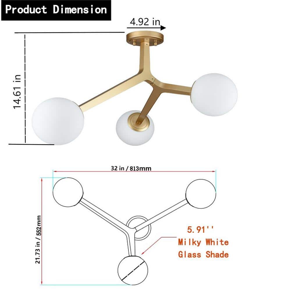 Gold Metal 3-Light Semi Flush Mount with Frosted Glass Globes
