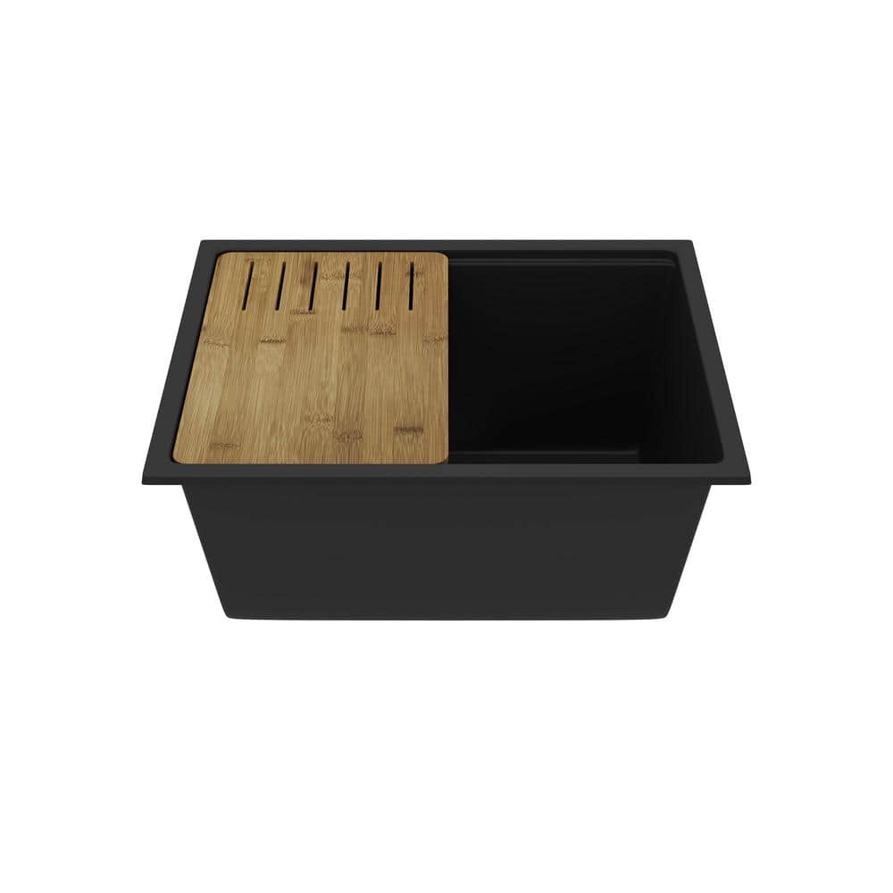 25" Black Quartz Composite Single Bowl Drop-In Kitchen Sink with Accessories