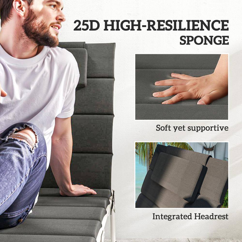 Dark Gray Foldable Olefin Chaise Lounge Cushion Set with Headrest
