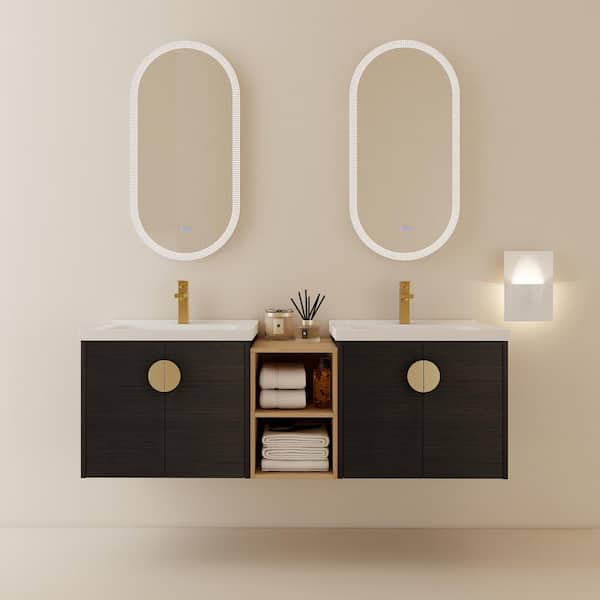 60 in. W x 19 in. D x 21 in. H Double Sink Wall Mounted Black Chestnut Bath Vanity with White Ceramic Top