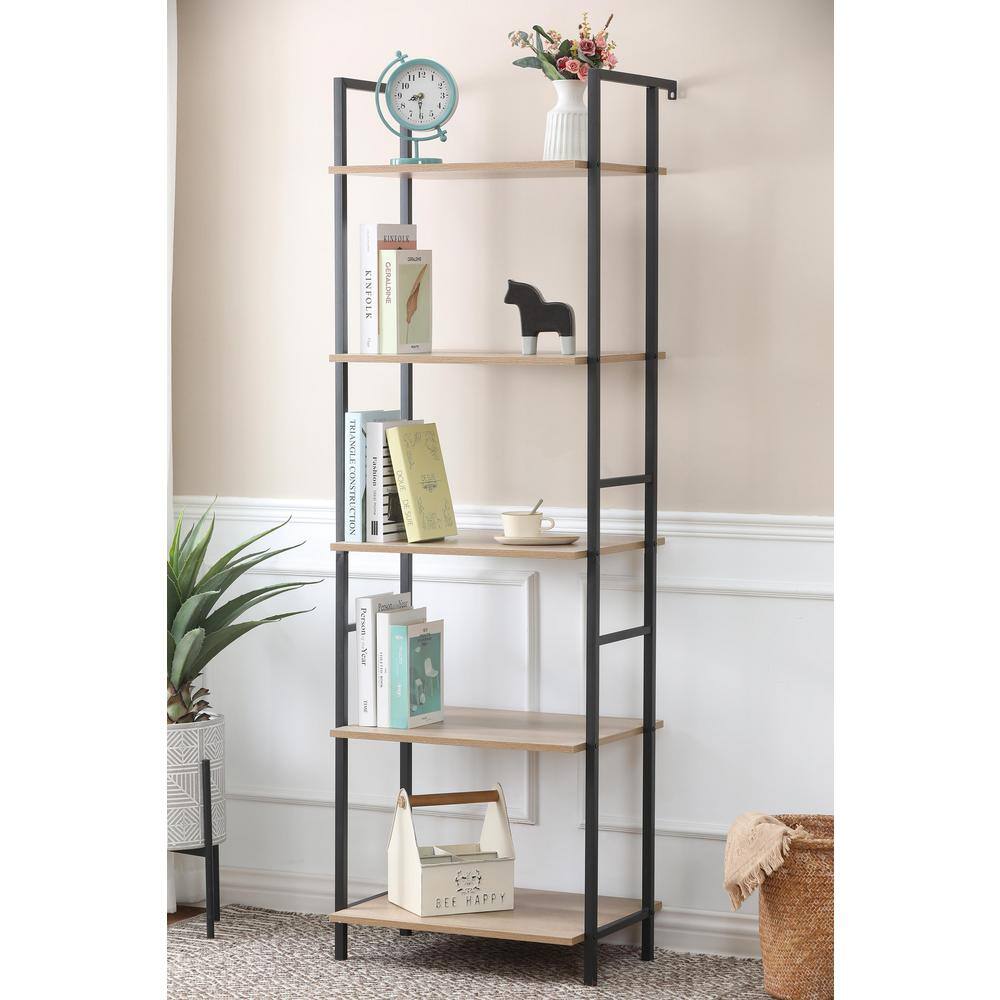 Light Oak and Black 5-Shelf Industrial Etagere Bookcase