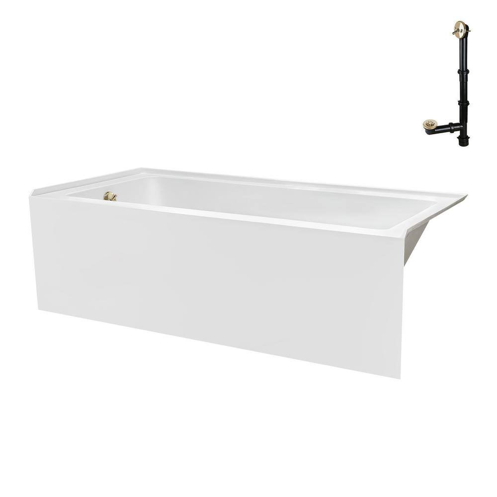 Glossy White Acrylic Alcove Bathtub with Polished Brass Drain
