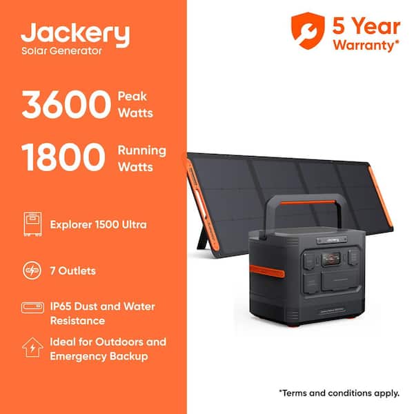 Jackery 1800W/3600W Peak Push Button Start Battery Generator Portable Power Station Explorer 1500 Ultra w/a 200W Solar Panel