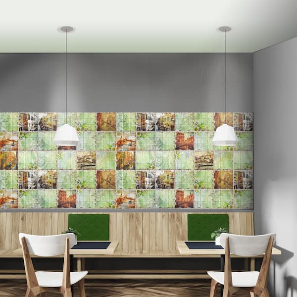 3D Falkirk Retro 10/1000 in. x 38 in. x 19 in. Green Multicolor Faux Distressed Venice Sights PVC Wall Panel