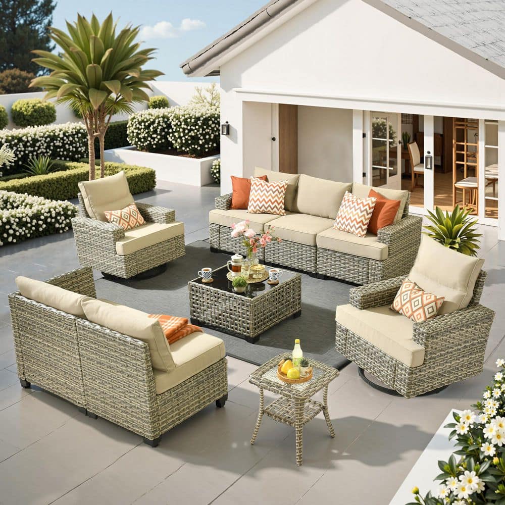 Silvae Gray 9-Piece Wicker Outdoor Sectional Set Patio Conversation Set with Rocking Chair and Beige Cushion and Table price history on PriceWatchPro