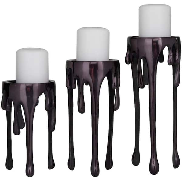 Black Aluminum Pillar Candle Holder with Dripping Melting Designed Legs (Set of 3)