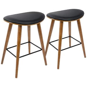 Saddle 26 in. Counter Stool in Walnut and Black in Faux Leather (Set of 2)