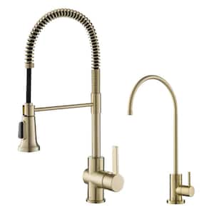 Britt Commercial 1-Handle Pull-Down Kitchen Faucet and Purita Water Filtration Faucet in Brushed Gold