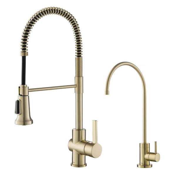 Kraus Britt Commercial 1 Handle Pull Down Kitchen Faucet And Purita Water Filtration Faucet In Brushed Gold Kpf 1690 Ff 100bg The Home Depot