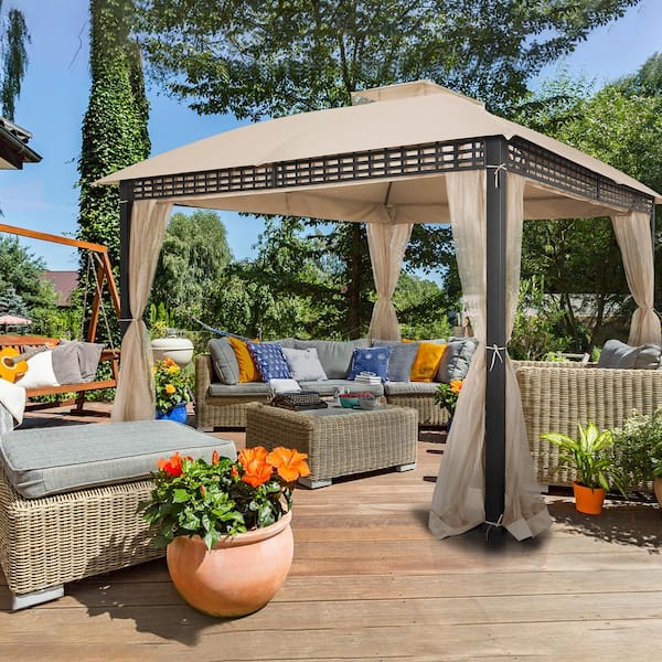Joyside 12 Ft X 10 Beige Steel Metal Outdoor Patio Gazebo With Netting And Side Wall Js Gwc E01 The Home Depot Joyside 12 Ft X 10 Beige Steel, Outdoor Patio Gazebo Ideas