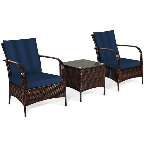 WELLFOR 3-Piece Wicker Patio Conversation Set with Navy Cushion