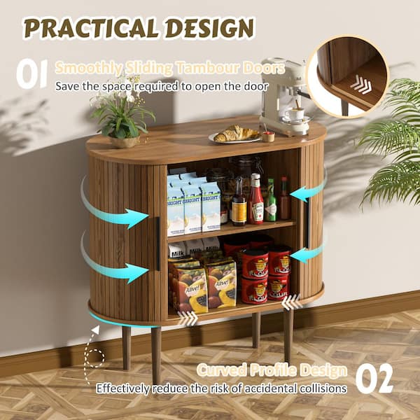 31.5 in. W Accent Storage Cabinet with Sliding Tambour Door and Curved Side Cabinet in Brown