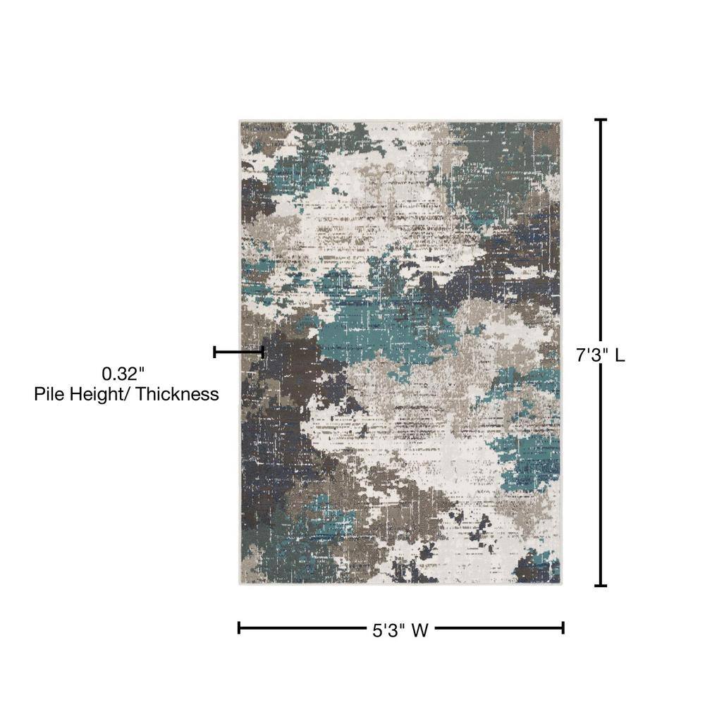 Teal and Gray Abstract Synthetic Area Rug, 5'3" x 7'3"