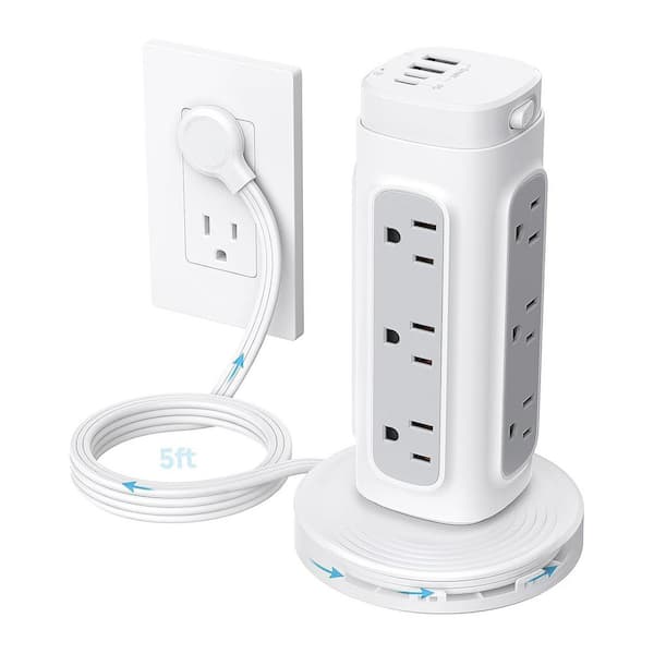 12-Outlet Retractable Power Strip Tower Surge Protector with 5 ft. Flat Plug Cord, 4-USB Ports and USB-C PD 20W, White