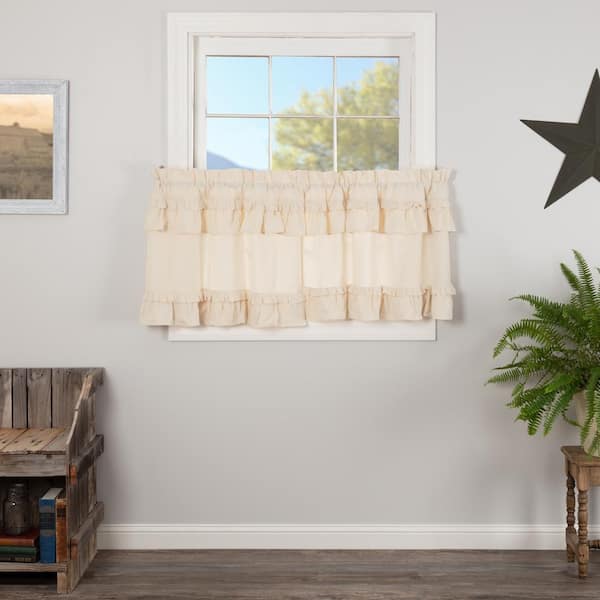 VHC BRANDS Muslin Ruffled Unbleached Natural Creme Cotton 36 in. W x 24 in. L Light Filtering Curtain Tier (Double Panel)