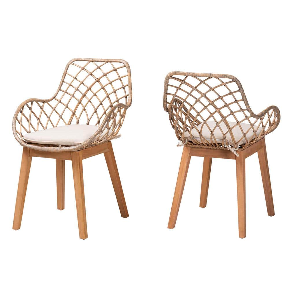 Bohemian Greywashed Rattan and Natural Brown Dining Chair Set with Cushions