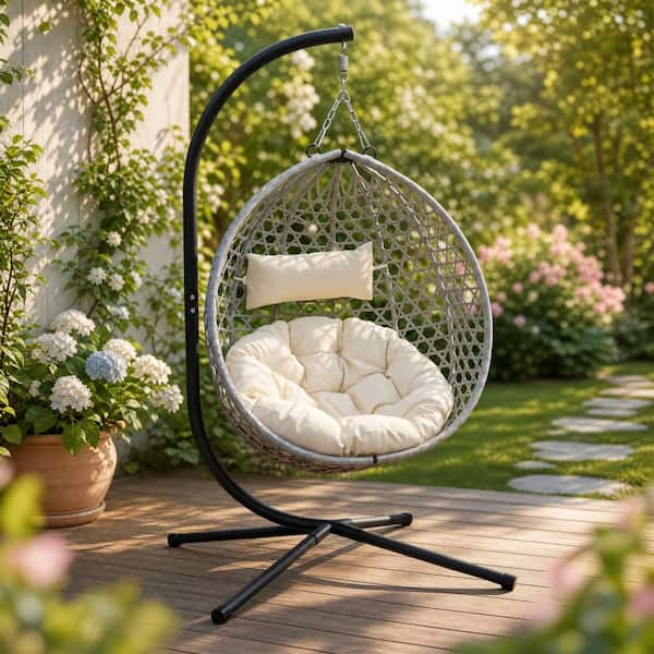 Grey Wicker Folding Outdoor Lounge Chairs PE Rattan Hanging Egg Chair with Stand and Beige Cushions for Patio Balcony