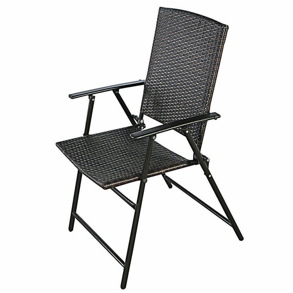 Brown Wicker Folding Outdoor Dining Chairs with Steel Frame, Set of 4