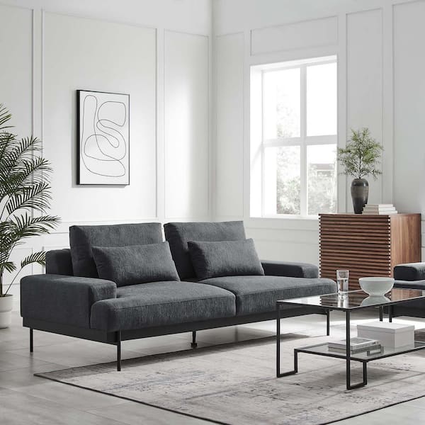 MODWAY Proximity 85.5 in. Straight Arm Polyester Rectangle Upholstered Fabric Loose Pillow Sofa in Charcoal Black