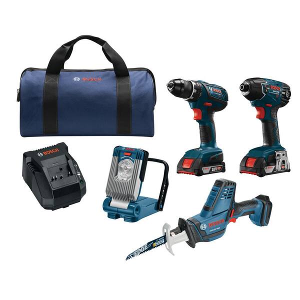 Bosch 18-Volt Lithium-Ion Cordless Drill/Driver, Impact Driver, Recip Saw, LED Work Light Power Tool Combo Kit (4-Tool)