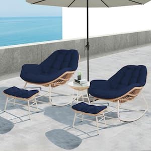 Wicker Patio Outdoor Rocking Chair Set with Ottoman and Outdoor Side Table Navy Blue Cushions