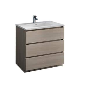 Lazzaro 36 in. Modern Bathroom Vanity in Gray Wood with Vanity Top in White with White Basin