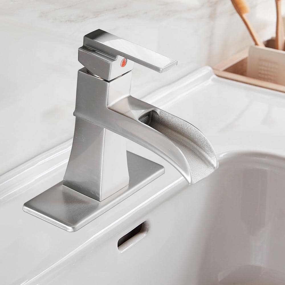 Brushed Nickel Single Handle Waterfall Bathroom Faucet with Deckplate