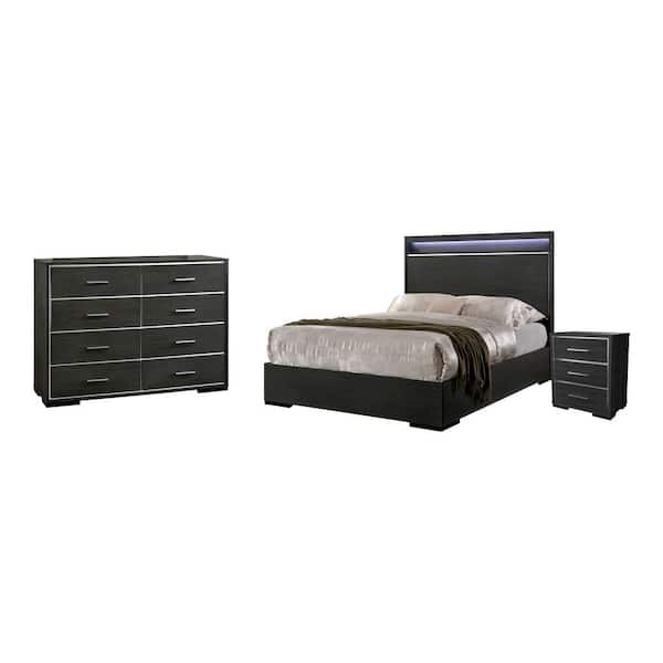 Furniture of America Magda 3-Piece Warm Gray Queen Wood Bedroom Set, Bed, Nightstand and Dresser