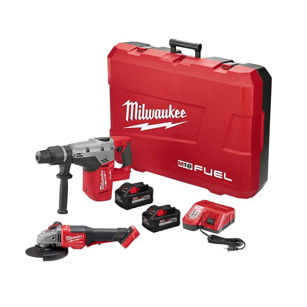 Milwaukee M18 FUEL 18-Volt Lithium-Ion Brushless Cordless 1-9/16 in. SDS-Max Rotary Hammer Kit w/Two 8.0Ah Batteries & Grinder -  2717-22HD-2980