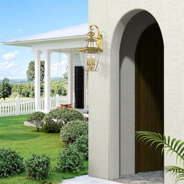 Aston 29 in. 4-Light Polished Brass Outdoor Hardwired Wall Lantern Sconce with No Bulbs Included