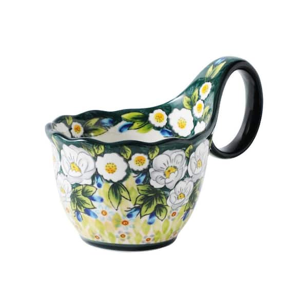Green Ceramics 5 in. Floral Green Soup Bowl with Loop Handle