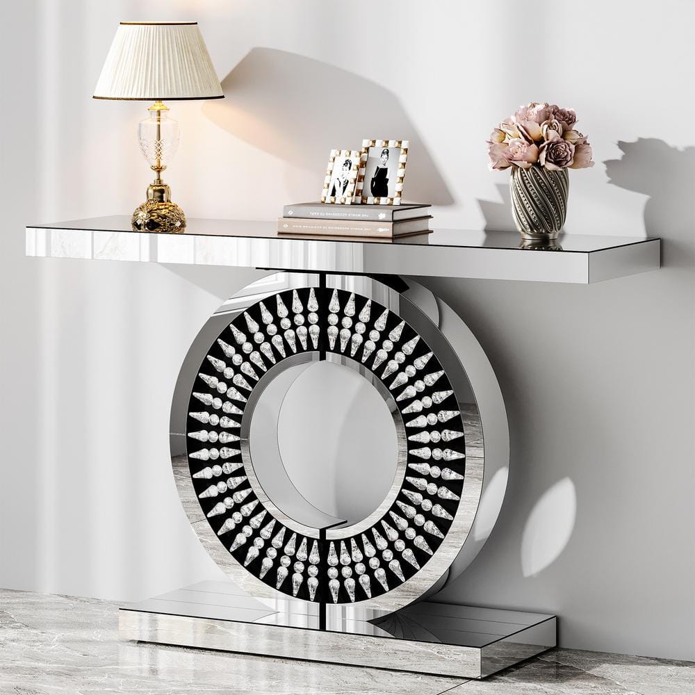Luxurious Silver Mirrored Console Table with Crystal Inlays